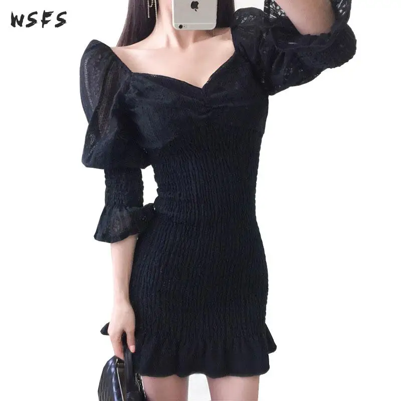 Летние Для женщин кружевные платья Черный Vneck Длинные рукава-фонарики с оборками Бандажное платье бодикон пикантные вечерние Клубная одежда Мини платье с русалочкой