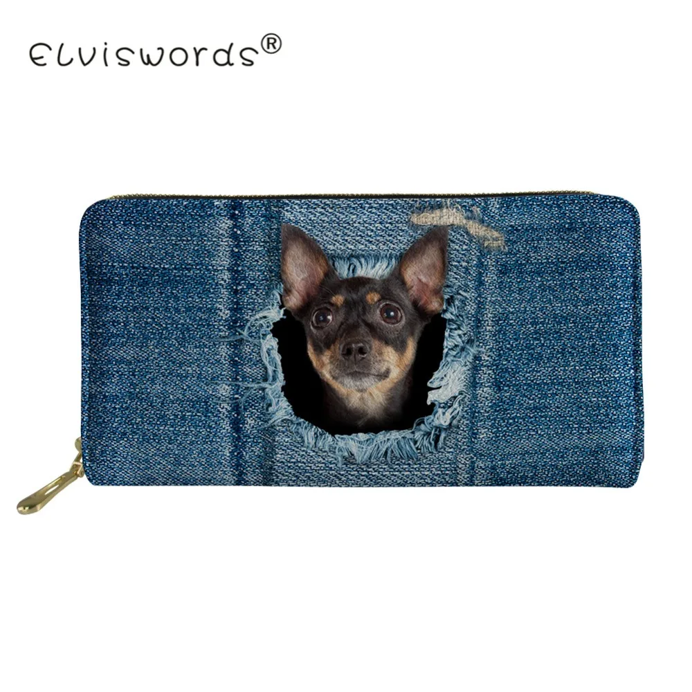 Женские Длинные кошельки ELVISWORDS джинсовые с принтом кота мопса Модный женский
