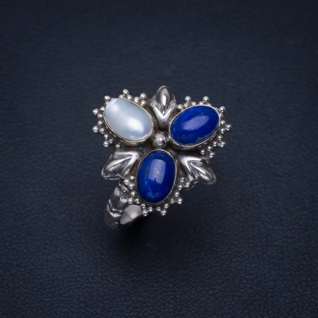 

Natural Lapis Lazuli and River Pearl Handmade Unique 925 Sterling Silver Ring 8.5 AU0057