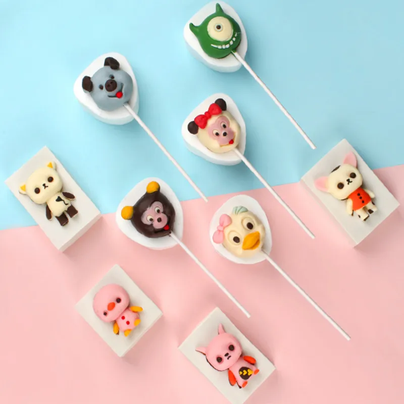 

Cartoon Animal Silicone Fondant Mold Cute Cat Dog Bear Bird Monster Chocolate Lollipop Mold Birthday Candy Cake Decorating Tools