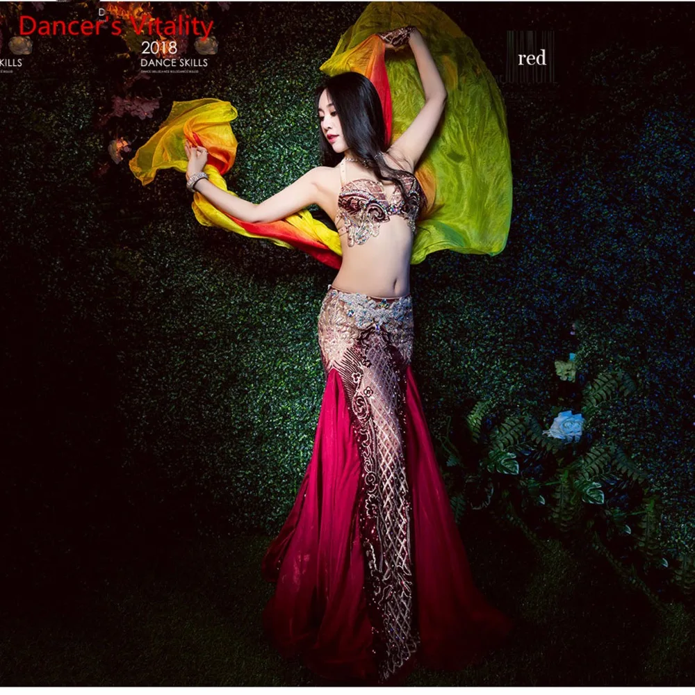 3 шт.(Юбка бюстгальтера) с рукавами для женщин Роскошный костюм в виде рыбьего хвоста Сексуальное шоу в восточном танце Красный костюм Синий / Красный