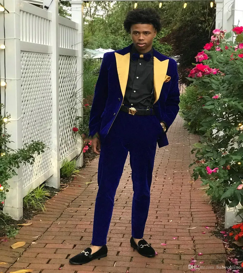 2019 Coat Pant Designs Royal Blue Velvet Gold Lapel Groom