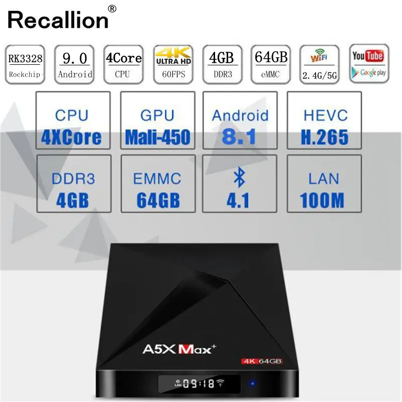 

A5X MAX Smart Android 9.0 TV Box 4K HD TV Box RK3318 Quad-Core Media Player Support 2.4G WiFi Bluetooth 4.0 100M LAN Set-top Box