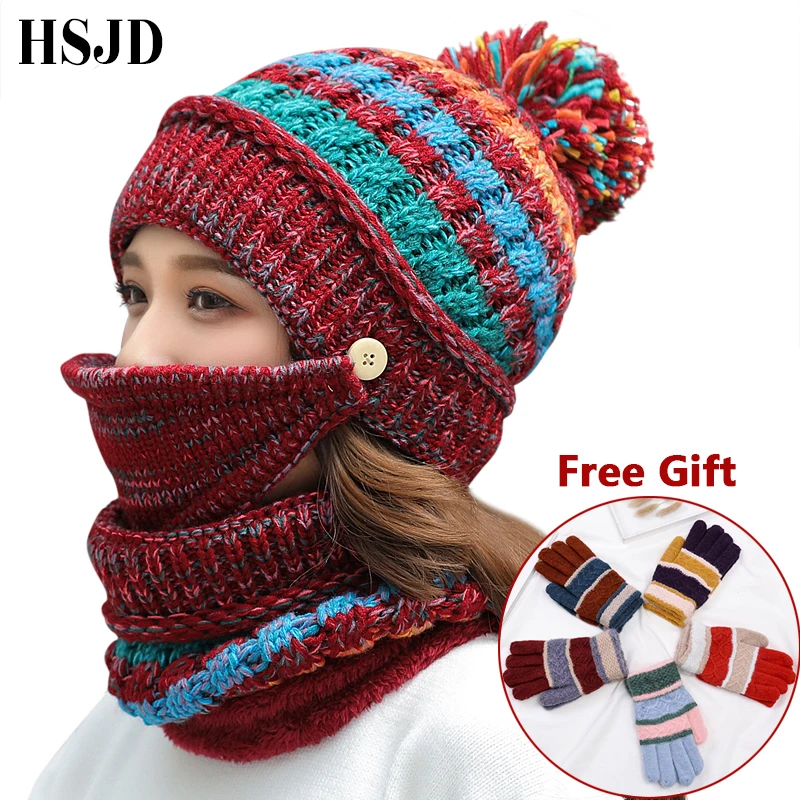 

Women Hat Scarf Winter Sets Knitted Hats Mask Face Protection 3 Pieces Set Balaclava Warm Ski Cap Thick Skullies Beanies Gloves