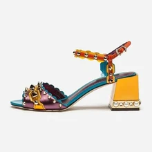 Purple Designer Chunky High Heels Rivets Sandals