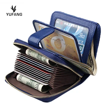 

YUFANG Women Card Wallet Genuine leather Zipper Concertine Fold Credit Card Holder Extendable ID Cards Purse Ladies Female Bags