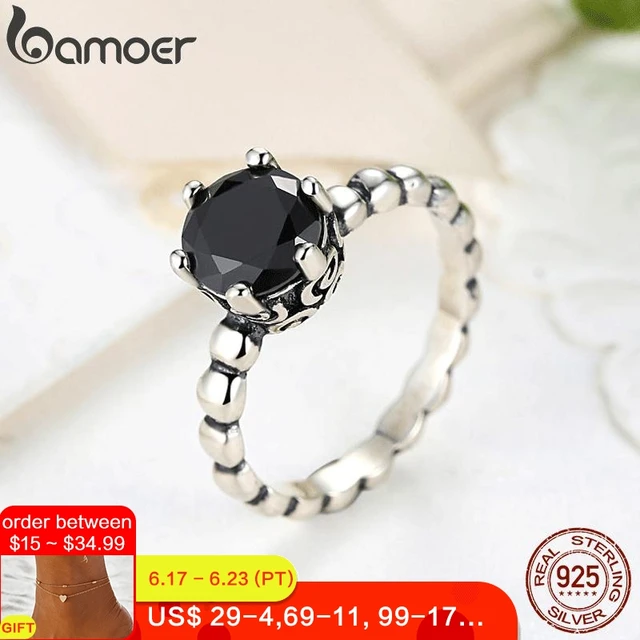 BAMOER Silver Color Finger Ring with Black Cubic Zirconia For Women Fashion Wedding Jewelry PA7205