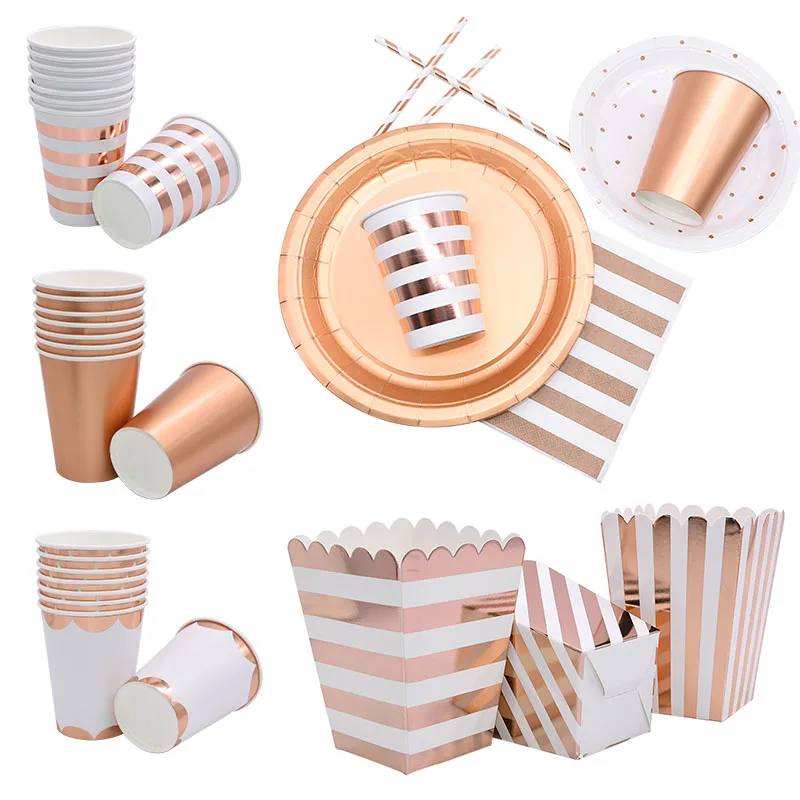 Rose Gold Party Supplies Disposable Tableware Rose Gold Paper Cup Plate Straws for Wedding Baby Shower Birthday Party Decoration