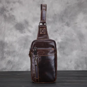 

Brand New Trend Fashion Retro Oil Wax Genuine Leather Men Chest Pack Sling Shoulder Bag Casual Travel Zipper Bags vintage