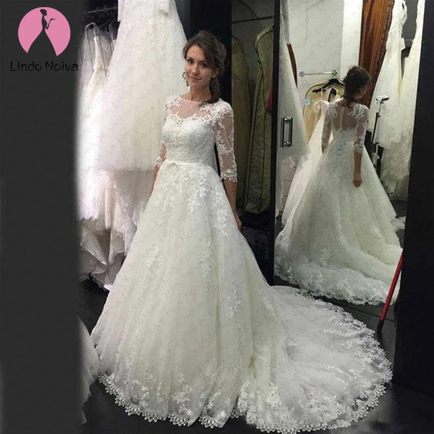 Vestido De Noiva винтажные кружевные свадебные платья трапециевидный вырез со шлейфом