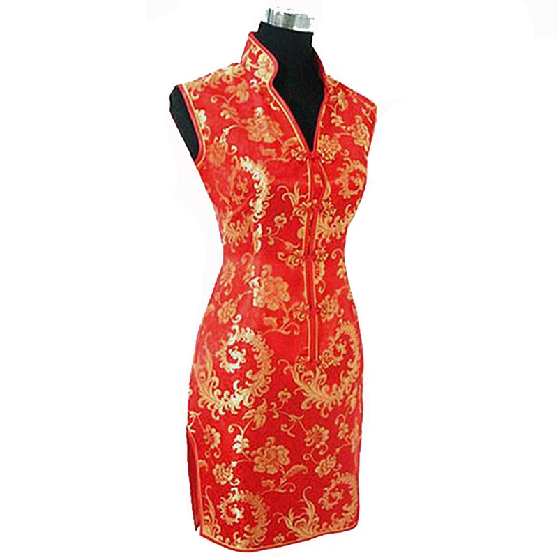 

Hot Sale Red Chinese Women's Traditional Dress Silk Satin Qipao V-Neck Mini Cheongsam Top Floral Size S M L XL XXL XXXL JY012