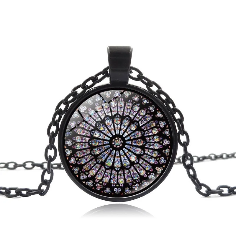 

2019 Purple Rose Window Stained Photo Cabochon Glass Pendant Notre Dame De Paris Cathedral Jewelry Chain Necklace Christian Gift