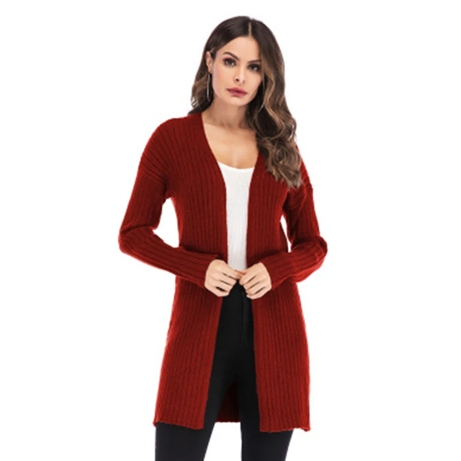 

Autumn Stylish Knitting Sweater Woman Temperament Long Sleeve Solid Cardigan Sweater Ladies Simple Slim Long Red Sweater Women
