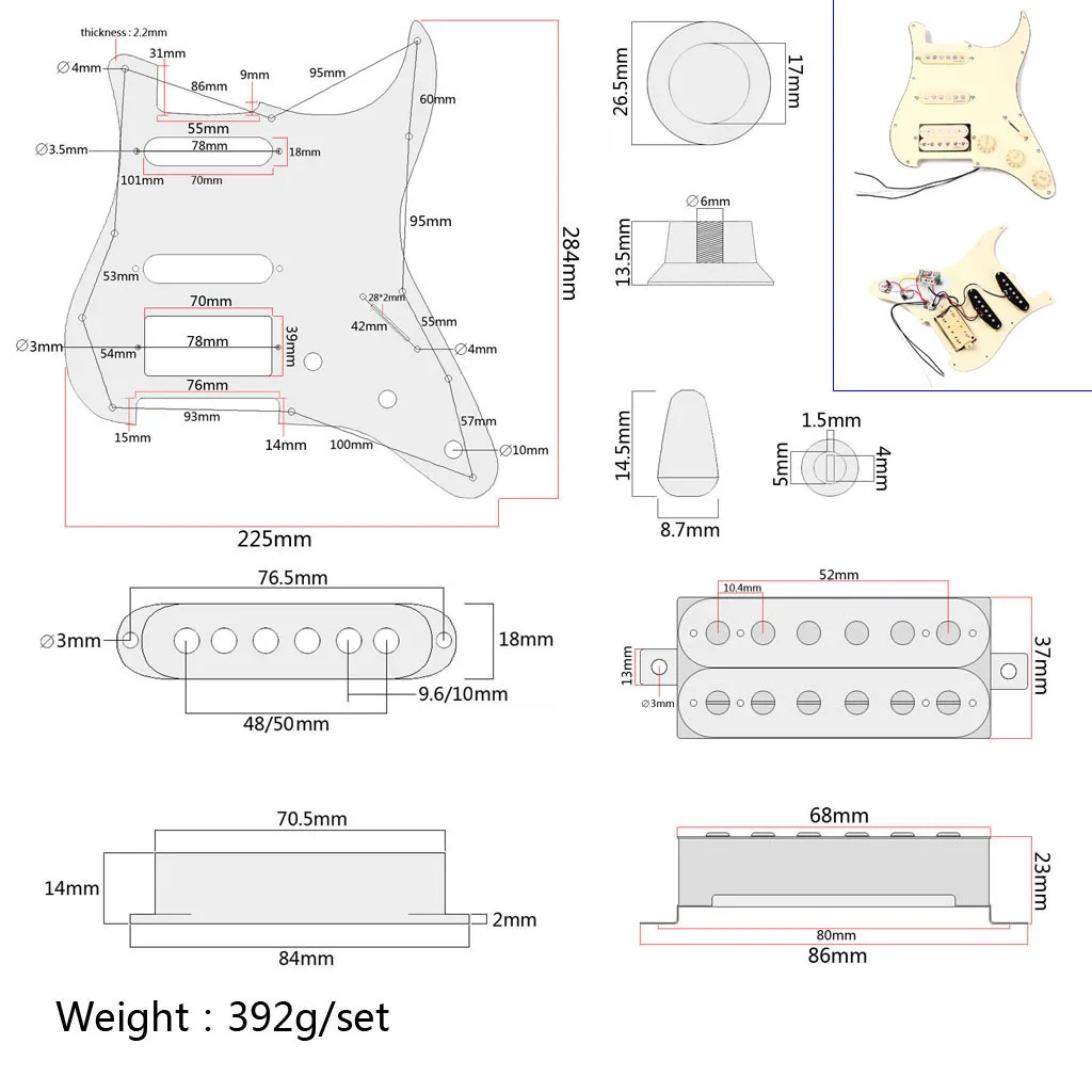Prewired 3-ply Pickguard Scratchplate SSH 2-single Coil and 1 Dual Coil Pickup with Magnets for Fender ST Stratocaster Guitar