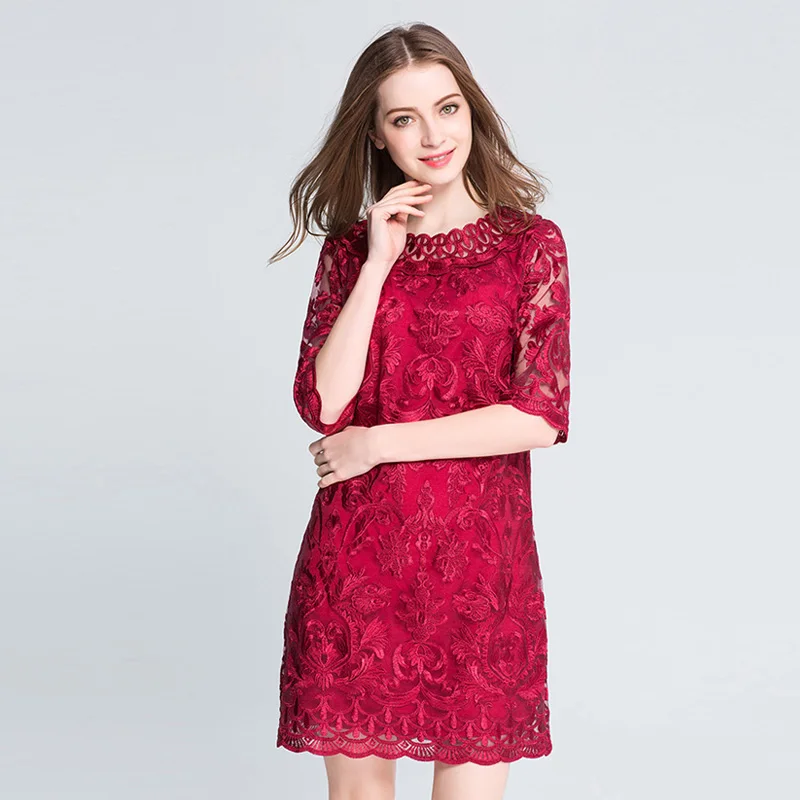 Женское красное кружевное платье с вышивкой больших размеров, Осеннее элегантное короткое платье большого размера, вечерние платья больших размеров для женщин, L-5XL Платья Vestidos