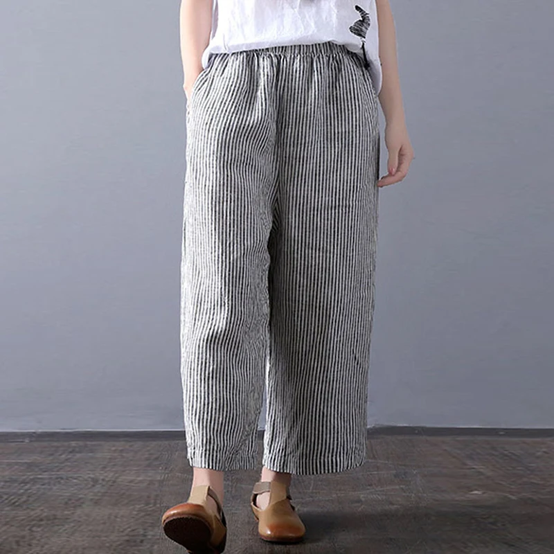 

Leisure Pants Soft Trousers Women Ladies Casual Stripe Wide legs Oversize Plus size Cotton and Linen Comfortable