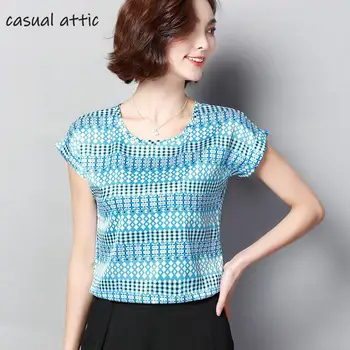 

Women M-4xl Ice Silk Short Sleeve Blouse 2019 Summer New Fashion Print Silk Women Tops And Blouse Elegante Plus Size Shirts