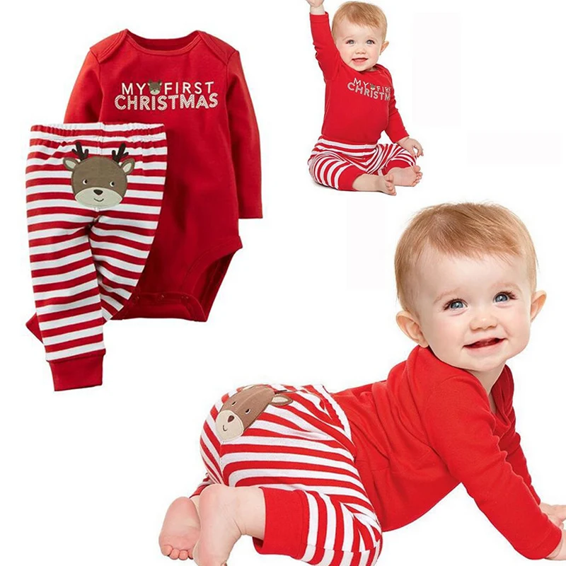 

2018 New Xmas Newborn Baby Boys Girls Christmas Letter Cartoon Red Romper Winter Infant Stripe Long Pants Clothes Outfits Set