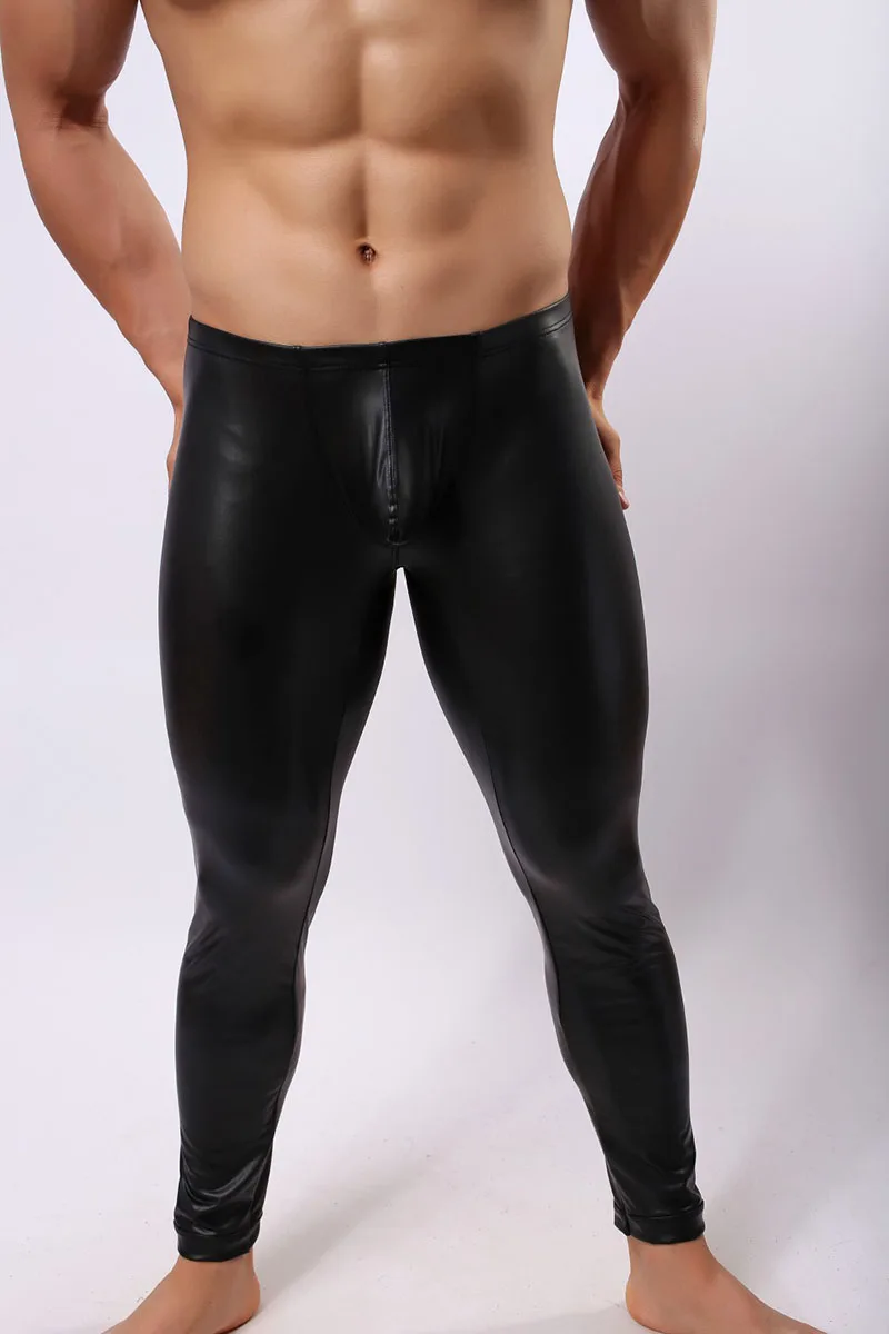 Мужские сексуальные брюки из искусственной кожи, модные брюки с низкой талией и u-образной выпуклой сумкой, мужские вечерние облегающие черные