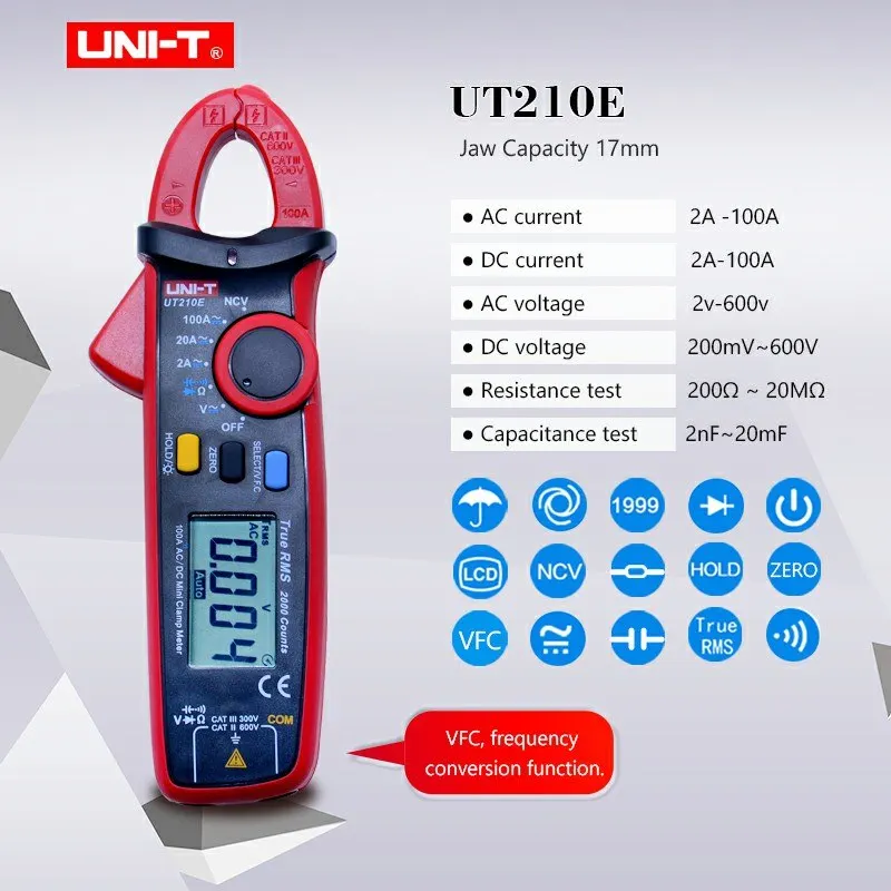 Цифровой клещи UNI-T UT210A/B/C/D/E AC DC измеритель напряжения тока True RMS мультиметр Емкость Сопротивление частоты тестер - Цвет: UT210E