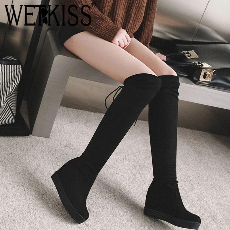 

WETKISS 21018 New Platform Women Boots Round Toe Flock Footwear High Heels Elevator Lady Shoes Winter Over The Knee Stretch Boot