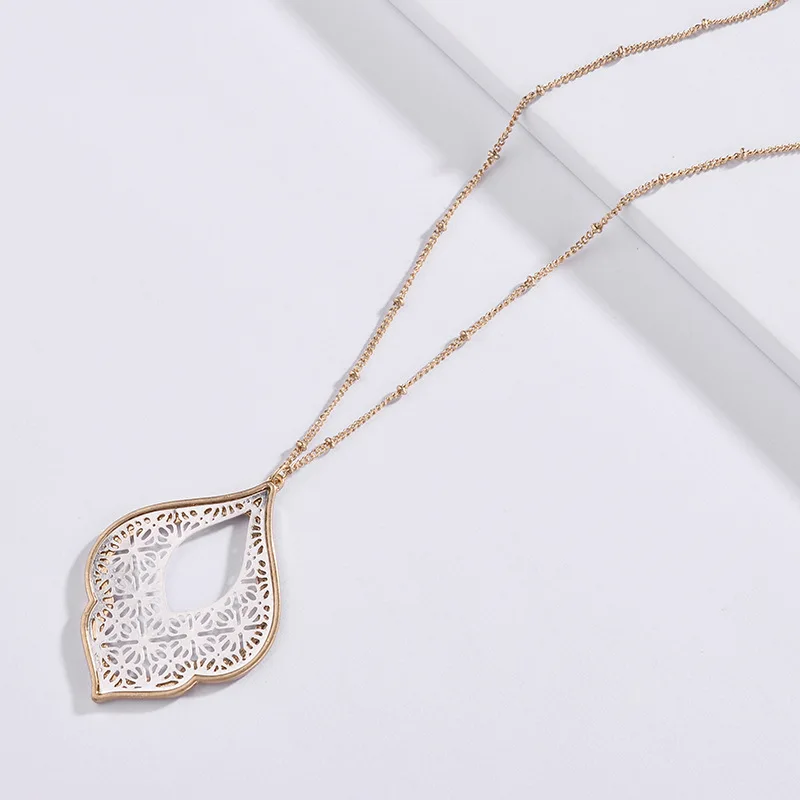 

2018 New Gold Filigree Morocco Teardrop Necklace for Women Trendy Two Tone Geometric Statement Long Necklace Jewelry Wholesale