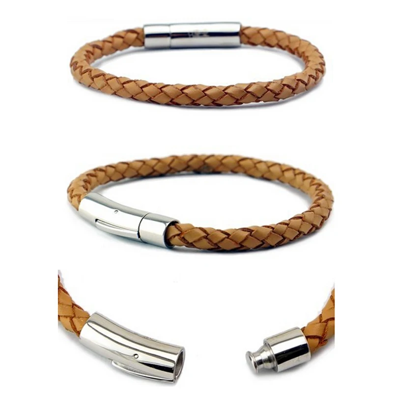 BL02-4 Stainless Steel genuine leather bracelet bangle