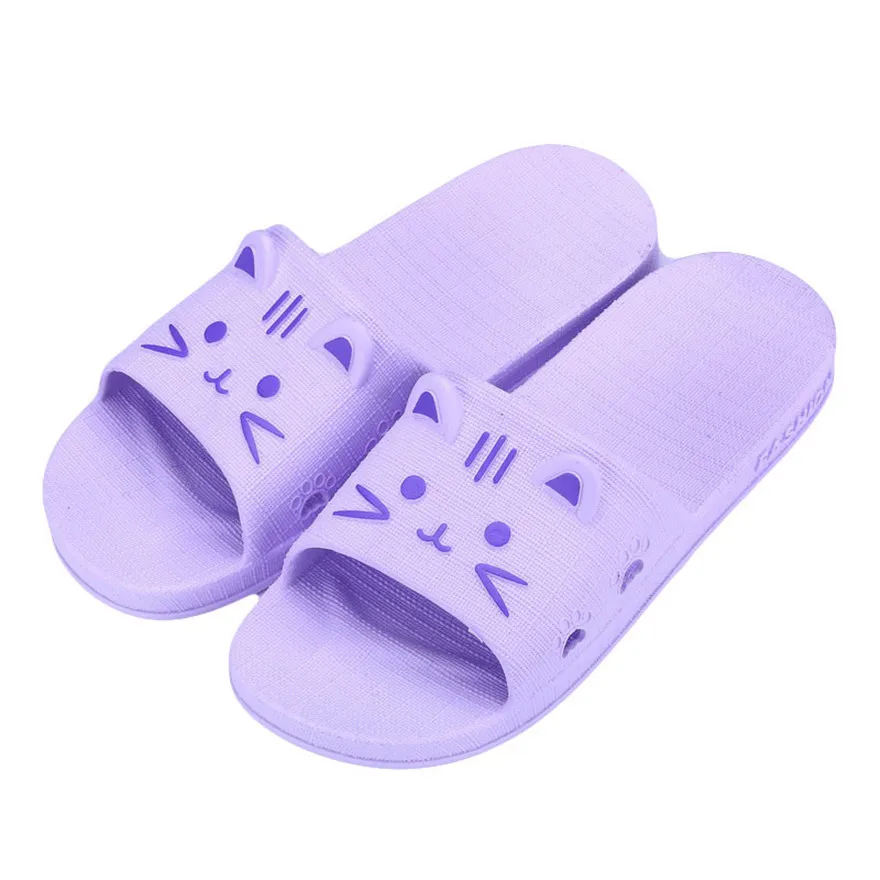 Для женщин с мультяшным котом банные шлепанцы летние сандалии для дома и прогулок; модные тапочки Для женщин Летняя обувь; Chaussure femme; zapatos - Цвет: Фиолетовый