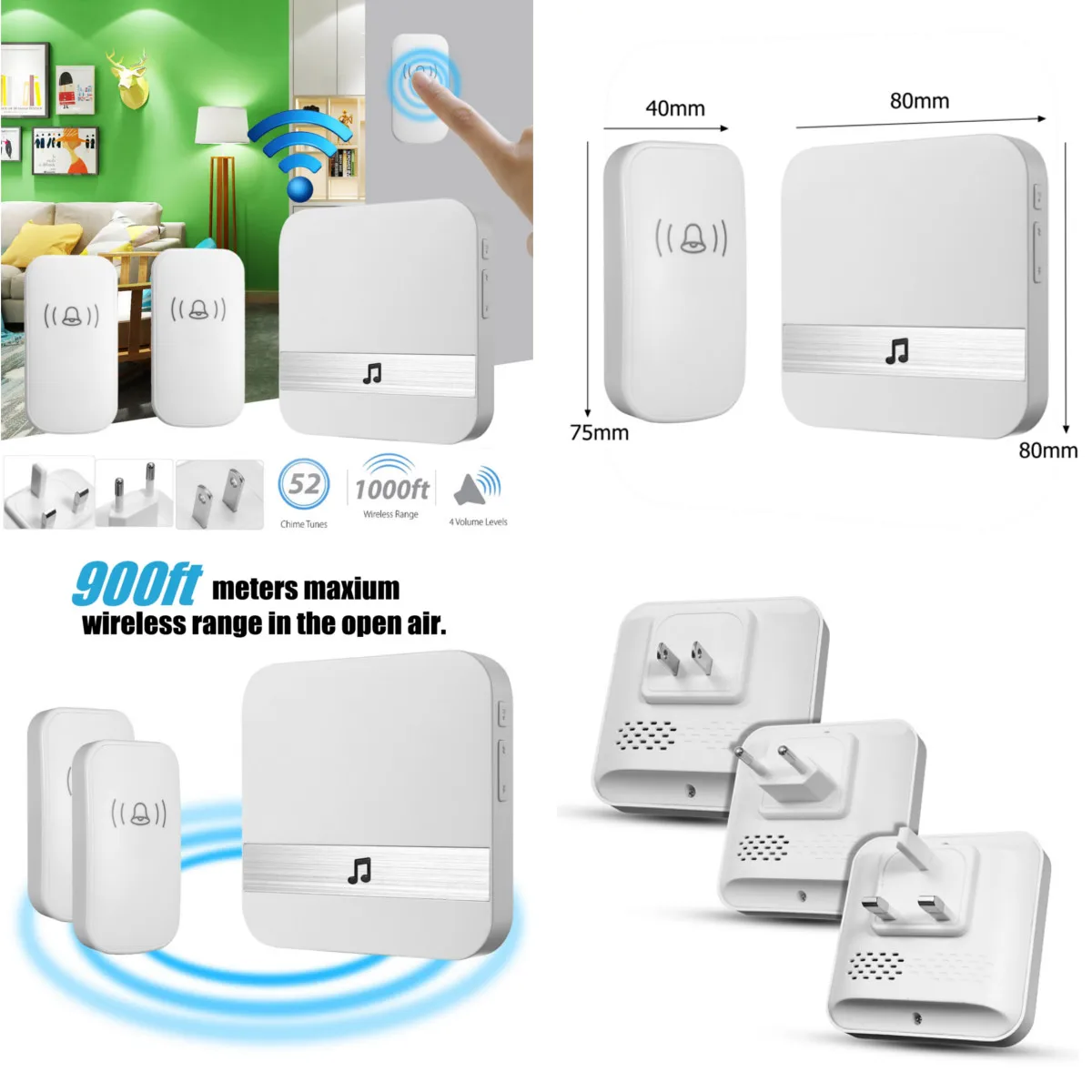 

300M Waterproof LED Wireless Doorbell EU/US/UK Plug 52 Songs Chime Door Bell SOS Easy Install 2 buttons 1 receiver