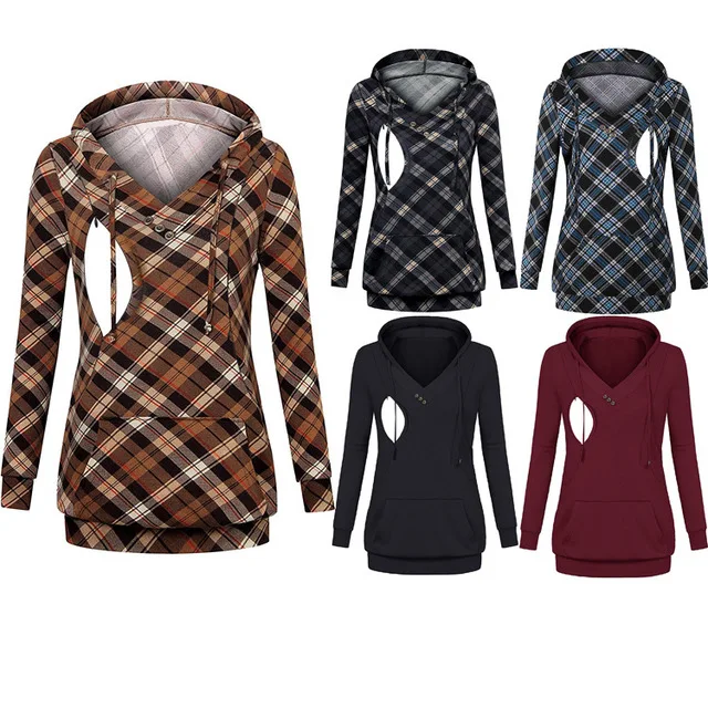 

Maternity Womens Nursing Hoodies Sweatshirt Stripe Pregnant Clothes Fashion Lattice Long Sleeve Hoodies Breastfeeding Tops