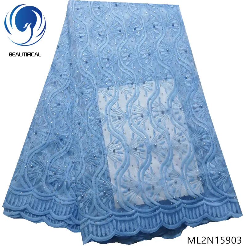 

BEAUTIFICAL embroidery lace fabric blue 2019 lace fabric latest french nigerian laces fabrics with beads and rhinestones ML2N159