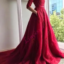 Темно-красное кружевное вечернее платье с короткими рукавами и карманом сзади, Длинные вечерние платья для невесты, вечерние платья для выпускного вечера