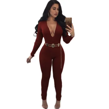 

Autumn Winter Casual Jumpsuit Elegant Long Sleeve Sexy Deep V-Neck Clubwear Overalls Skinny Stretch One Piece Jumpsuit Rompers