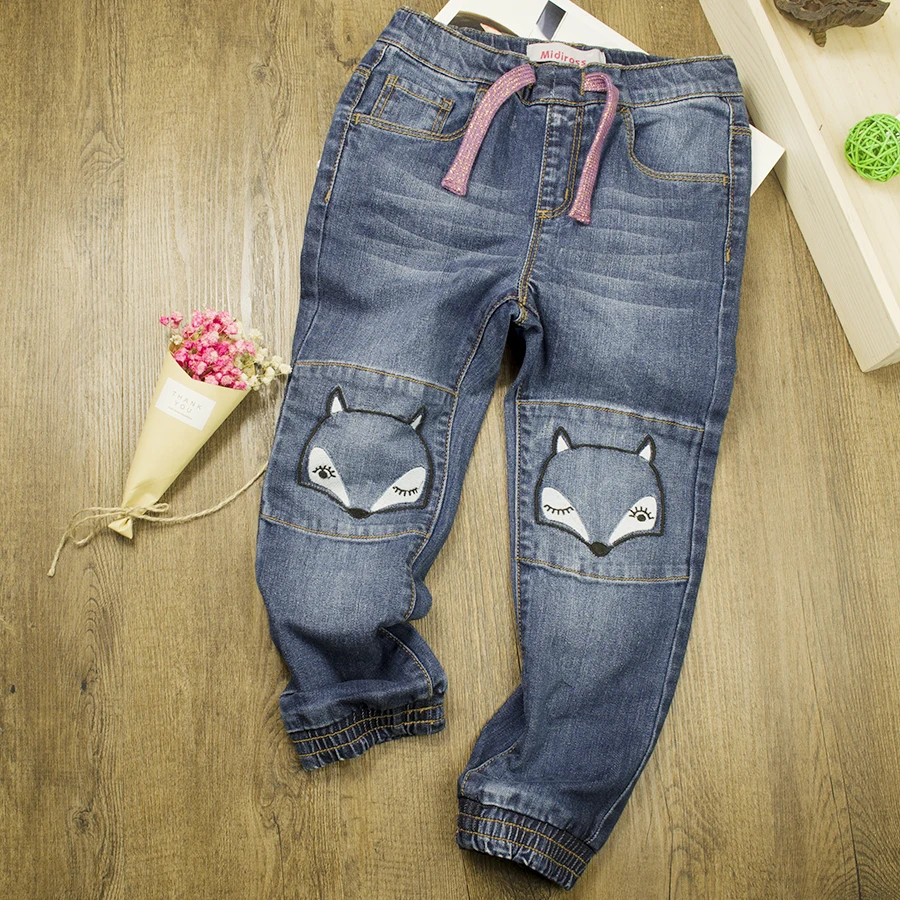 

2017 New Designed Girls Cartoon Fox Jeans Kids Denim Jogger Pants Elastic Waist Patchwork Children Clothes Solid Casual Trousers