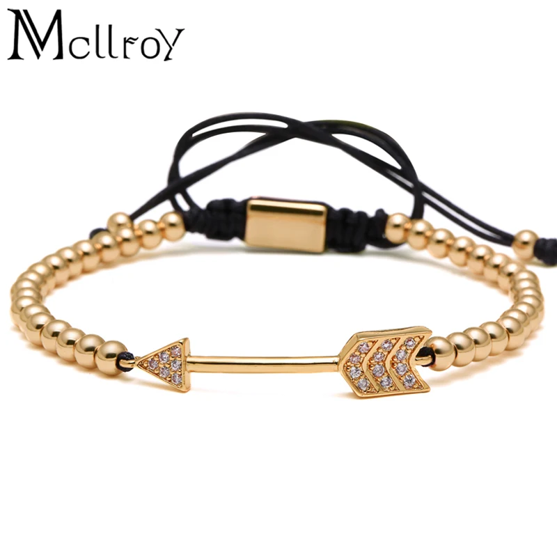 

Mcllroy Gold Round Beads Men Bracelet Clear Zircon Pave Arrow Charm Braiding Bracelets Pulseira Feminina