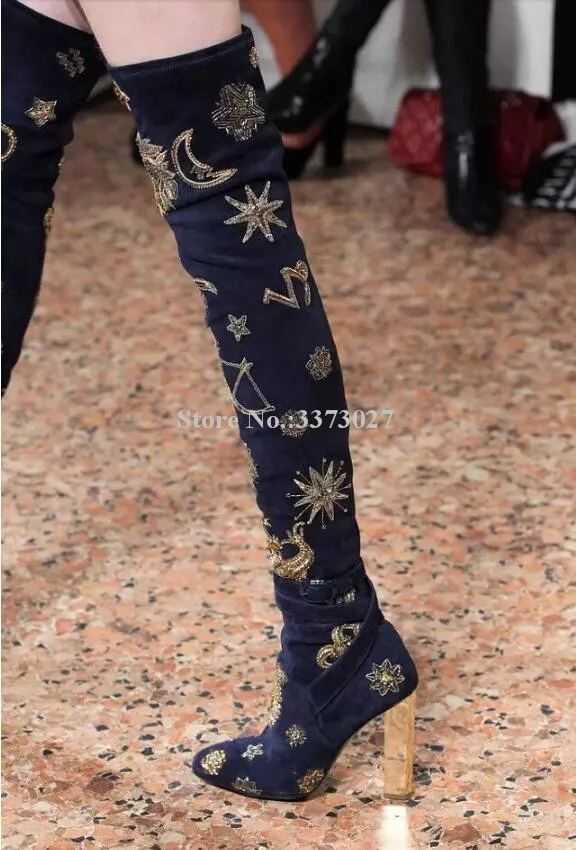 Velvet Ladies Thigh High Boots Metal Plated Chunky Heels Long Boots Fashion Embroidery Moon and Star Over the Knee Woman Boots