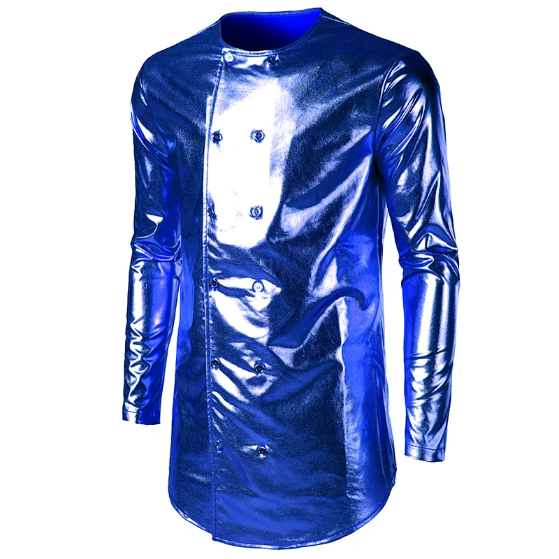 

Men double breasted shiny gold silver long t shirt night club singer hip hop punk stage costume male hiphop tees streetwear