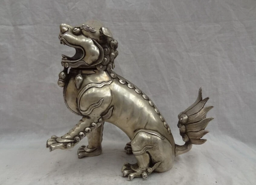 

S3156 10" Chinese Buddhism Silver Unicorn Lion Statue PiXiu Head Incense Burner Censer D0318