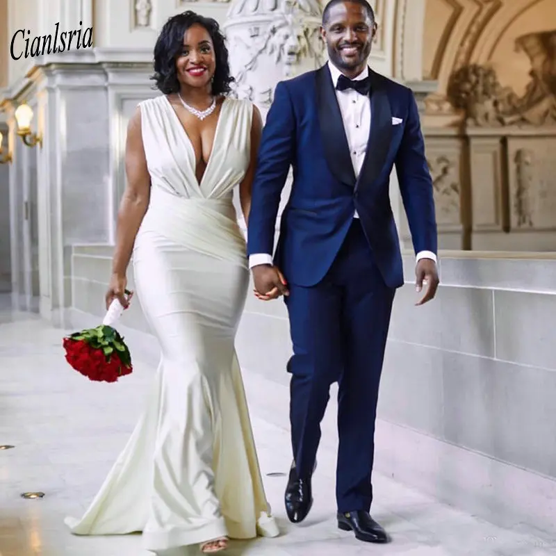 

2019 South Africa V-Neck Long Mermaid Plus Size Wedding Dresses With Pleat Backless Sleeveless Custom Made Wedding Dress