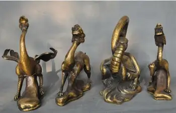 

Old China Myth Bronze Dragon tiger Rosefinch Xuanwu Four God Beast Statue SeT