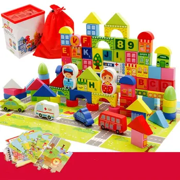

100pcs City Traffic Children Wooden Blocks Colorful Number Geometry Shape Cognitive Building Blocks Toys Gift For children kid