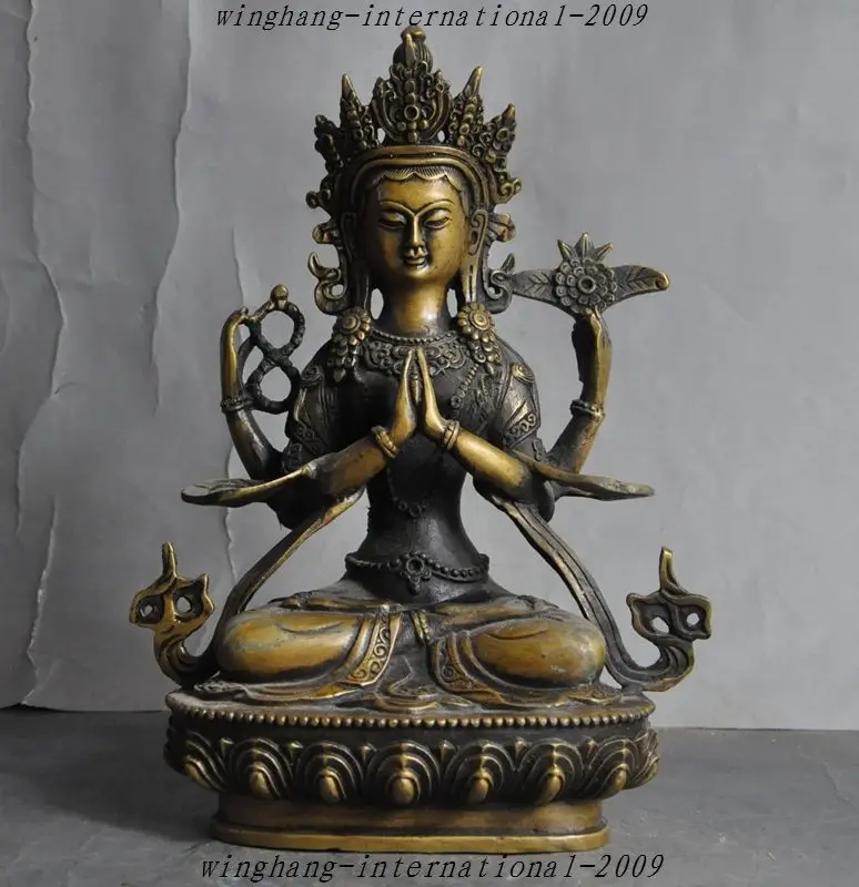 

Old Tibet Buddhism Bronze Gild 4 Arms Chenrezig Avalokiteshvara Goddess Statue