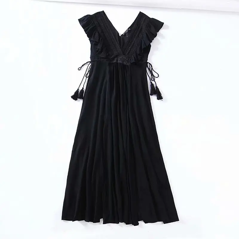 

New women elegant v neck lace crochet patchwork black long dress female summer ruffles tassel tied vestidos chic dresses DS2399