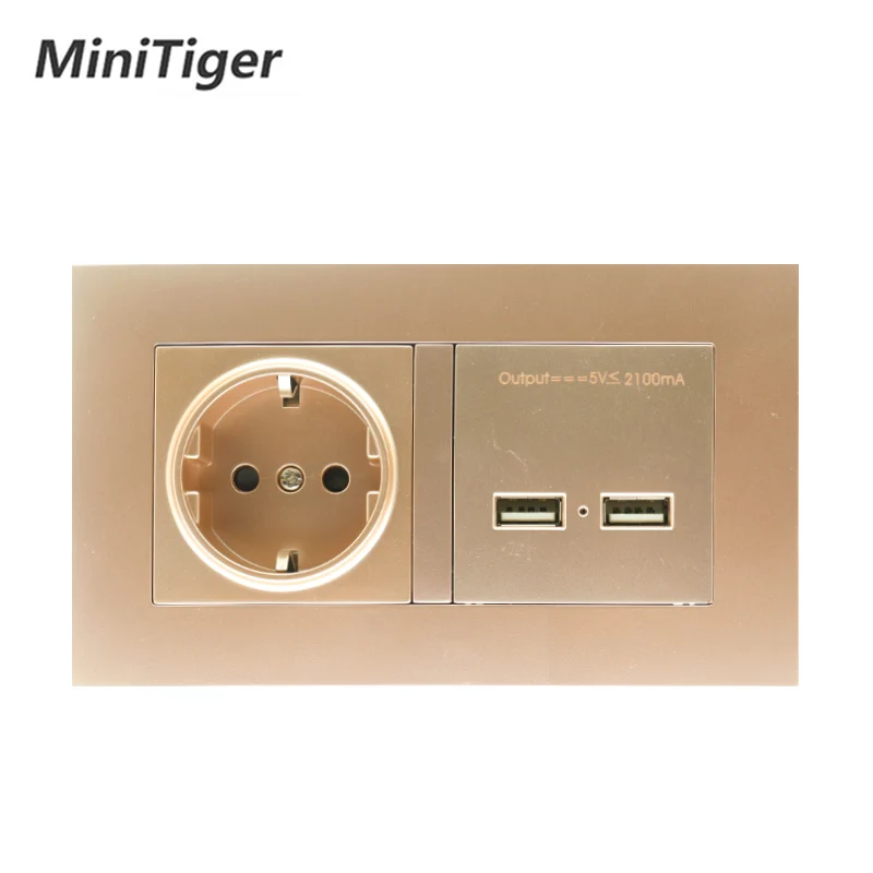 Minitiger настенная розетка ЕС стандартная розетка с двойным USB Смарт индукция порт зарядки для мобильного 2.1A белая панель ПК - Тип: 146 Gold Socket