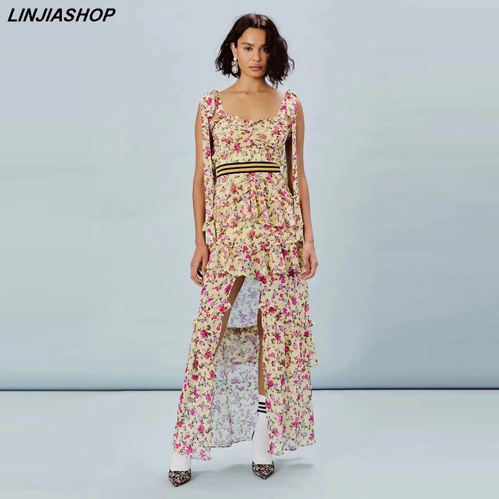 

Elegant Boho Print Spaghetti Strap Yellow Long Dress Women Floral Sashes High Waist A Line Spring Summer Holiday Beach Dress