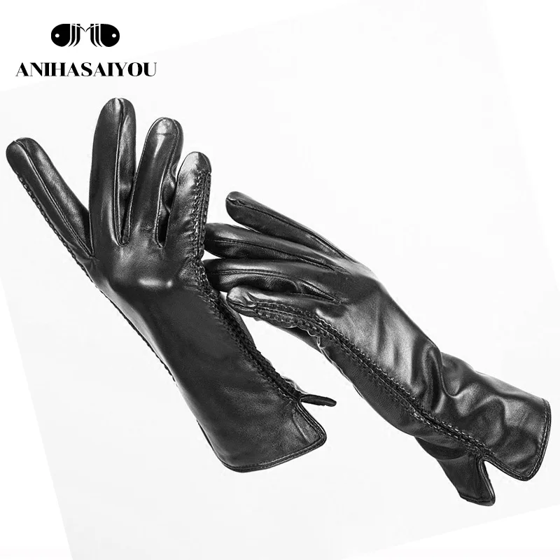 Простые женские кожаные перчатки, женские перчатки из натуральной шерсти, теплые женские зимние варежки, удобные женские перчатки-702 - Цвет: Черный