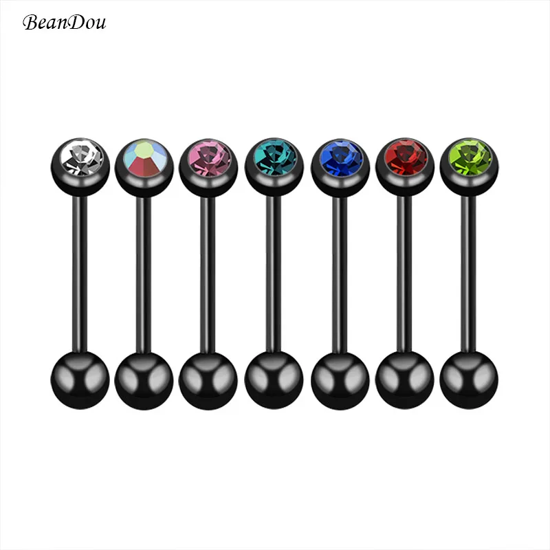 Fashion Black Tongue Rings Black Barbell Tongue Piercing Bar Stainless Steel Czech Crystal 7 Colors 1.4mmx16mm Body Jewelry Men0
