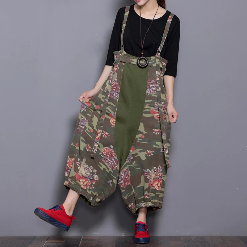 

Wide Leg Bib Overalls Women Vintage Army Green Printed Oversized Jumpsuits hip hop Boyfriend Big size dance Drop Crotch Rompers