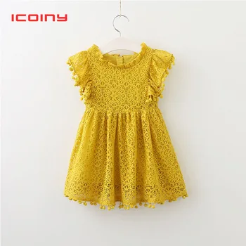 

Kids Summer Lace Dress For Girls Pink Hollowed Ruffles Sleeve Girl Dress Wedding Party toddle Dresses Toddler Draped Ball Gown
