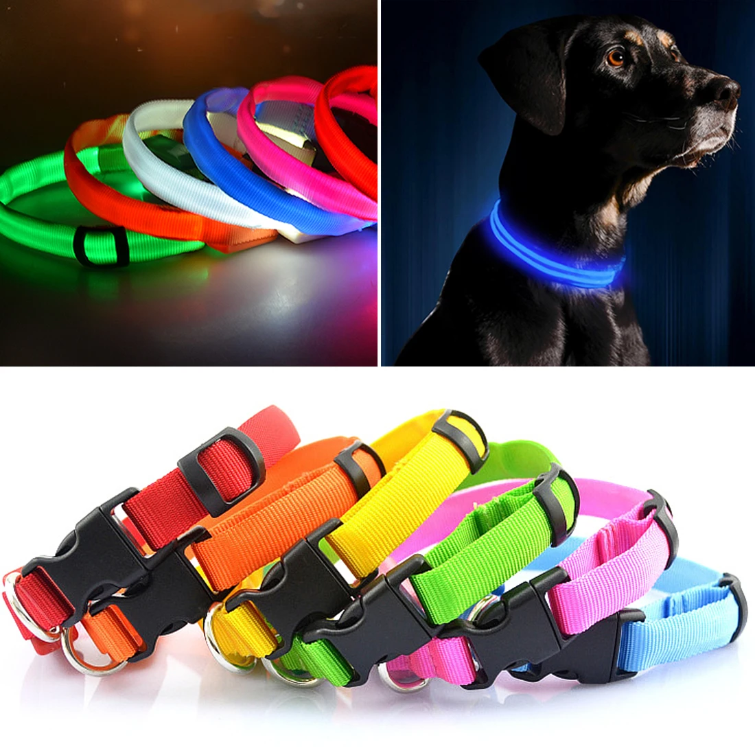 Colorful LED Dog Collar Flashing In Dark Nylon Lights Safety LED Pet